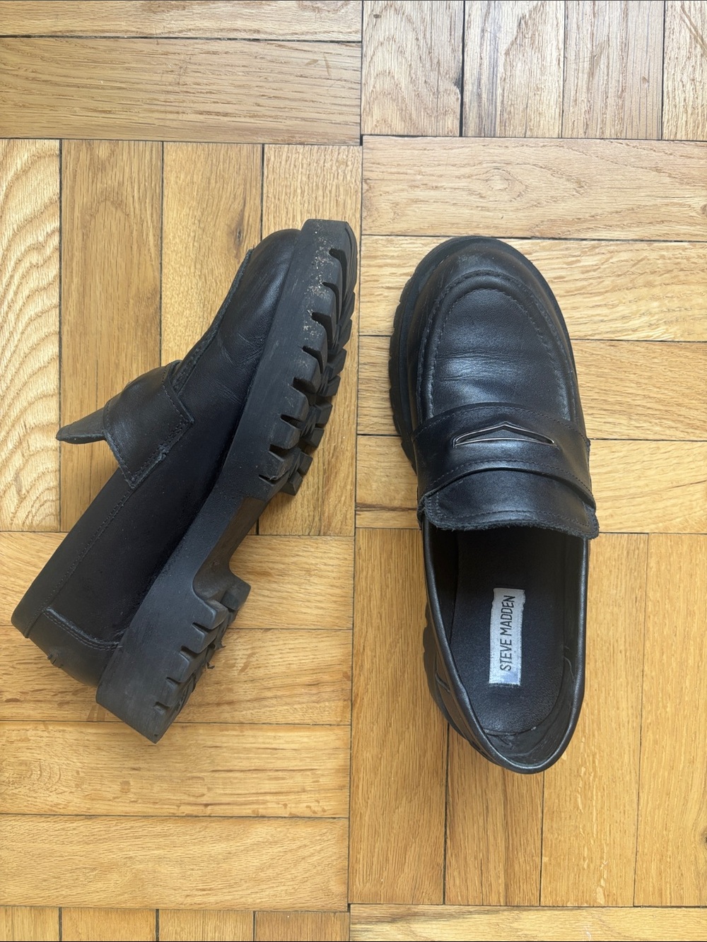 Steve Madden Black Leather Lug-Sole Penny Loafers